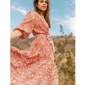 Cleobella Sara Floral Belted Midi Dress Terracotta Lined Womens Size XL